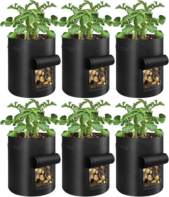 6 Pack Potato Grow Bags, 10 Gallon Planting Bags Large Fabric Pots with Flap Window Vegetable Planter Garden Pot Tall Potato Growing Containers with Handles for Vegetables, Fruits and More, Black