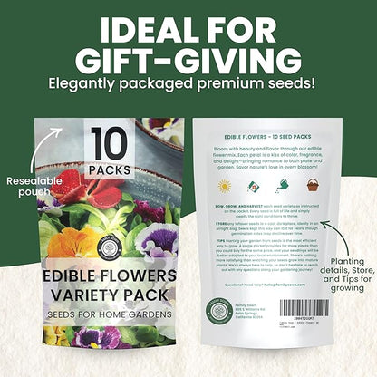 Edible Flower Seeds | 10 Individual Packs | 2026 Season | Non-GMO | Calendula, Chamomile, Nasturtium, Viola & More! | for Planting Indoor & Outdoor | by Family Sown
