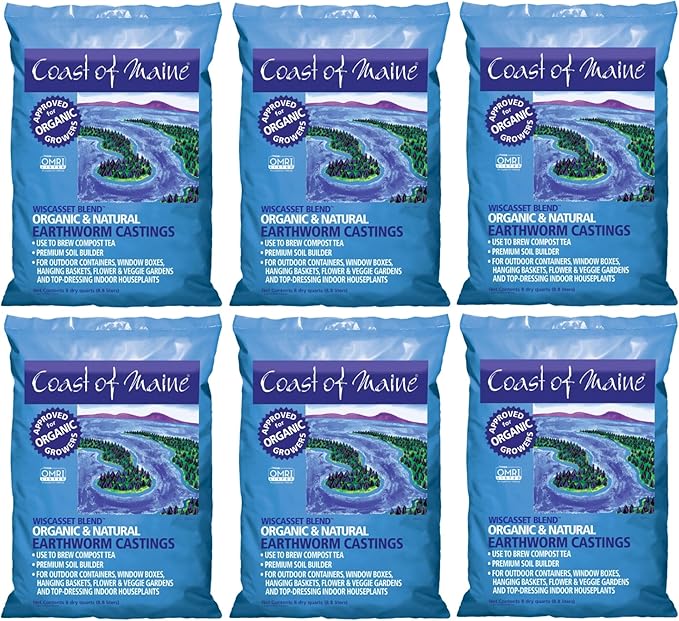 Coast of Maine Wiscasset Blend, 8qt (Pack of 6) Organic and Natural Earthworm Castings, Premium Soil Builder, to Brew Compost Tea