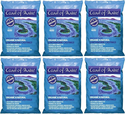Coast of Maine Wiscasset Blend, 8qt (Pack of 6) Organic and Natural Earthworm Castings, Premium Soil Builder, to Brew Compost Tea