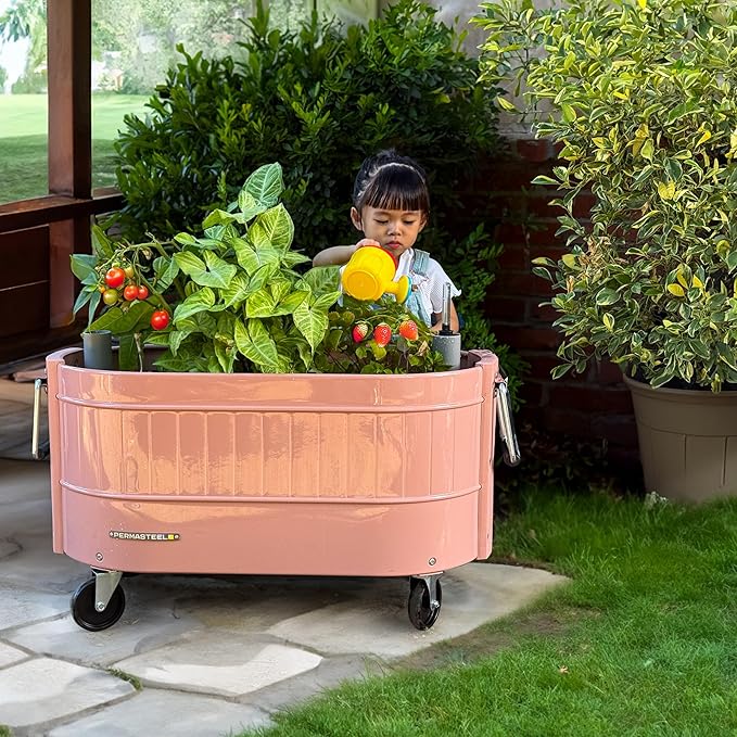 Permasteel Self-Watering Garden Bed, Rolling Planter for Vegetables, Flowers, Herbs, and Fruit, Outdoor Indoor, Caster Wheels, Pink