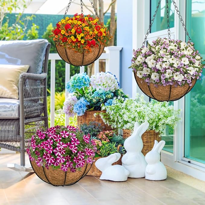 ZeeDix 2 Pack 14 Inch Metal Hanging Baskets for Plants Outdoor, Wire Round Planters with Coco Coir Liner, Hanging Flower Baskets for Home Garden Porch Balcony Railings Decor