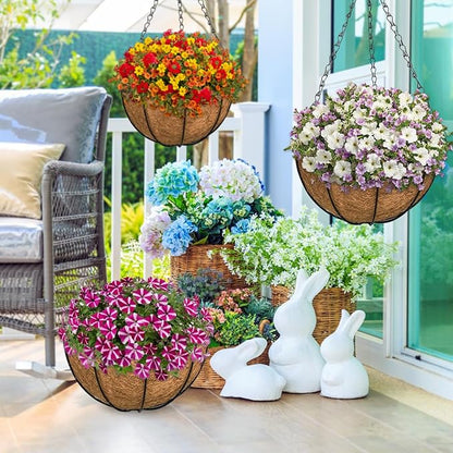 ZeeDix 3 Pack 10 Inch Metal Round Hanging Planter Basket with Coconut Liners Replacement, Hanging planters Baskets with Natural Coco Liner for Outdoor Indoor Planters Flowers Vegetables