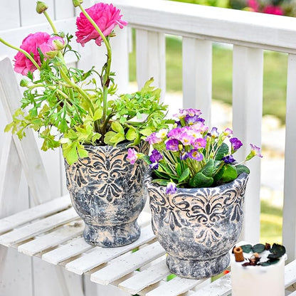 Sungmor 5.9 Inch Cement Plant Pot for Plants, Succulent Planter with Embossed Design, Vintage Concrete Flowerpots with Drainage Hole, Decorative Orchid Houseplant Pot Indoor Outdoor Plant Container