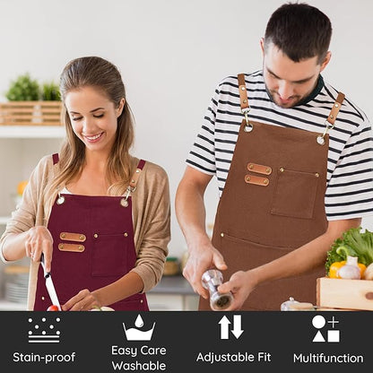 Canvas Aprons, Kitchen Chef Aprons, Work Aprons for Men Women, Adjustable Strap Aprons with 3 Pockets