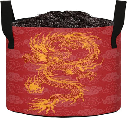 7 Gallon Chinese Propitious Cloud Dragon Red Breathable Potato Grow Bags Heavy Duty Planter Pot Containers with Handles for Tomato Fruits Flowers Vegetables