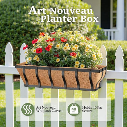 Railing Planter Boxes, Heavy Duty Window Box Planters, Adjustable Balcony Planters for Railing Hanging, with Coco Liner & Support Rod for Deck, Porch, and Patio Gardening (3 Pack, 24 Inch)