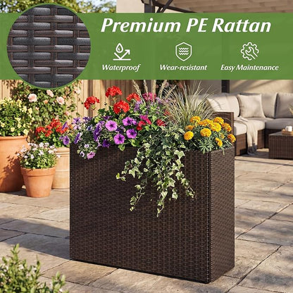 Giantex Set of 2 Wicker Raised Garden Bed, 32”x11”x24”, Rectangular Garden Planter Box w/PE Rattan, Liner Fabric, Wicker Patio Elevated Raised Bed for Vegetable Flower Herb Porch Balcony