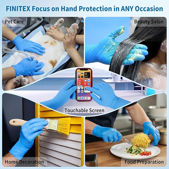 FINITEX Disposable Blue Nitrile Gloves 6mil Heavy Duty Latex-Free Glove 100PCS Cooking Food Safe Powder-Free Rubber Gloves