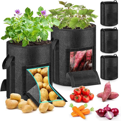 MJZ 5 Pack 10 Gallon Potato Grow Bags with Harvest Observation Windows, 380G Thickened Potato Bags for Growing Potatoes, Heavy Duty Nonwoven Fabric Garden Growing Containers to Grow Vegetable Tomatoes