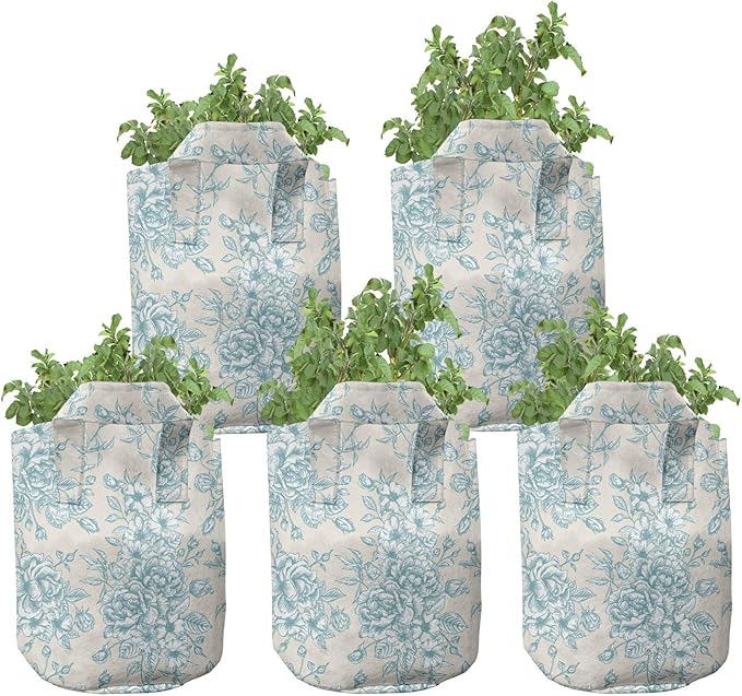 Ambesonne Vintage Grow Bags 5-Pack, English Garden Rose Romance, Heavyduty Fabric Pots with Handles for Plants, White Blue