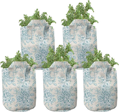 Ambesonne Vintage Grow Bags 5-Pack, English Garden Rose Romance, Heavyduty Fabric Pots with Handles for Plants, White Blue