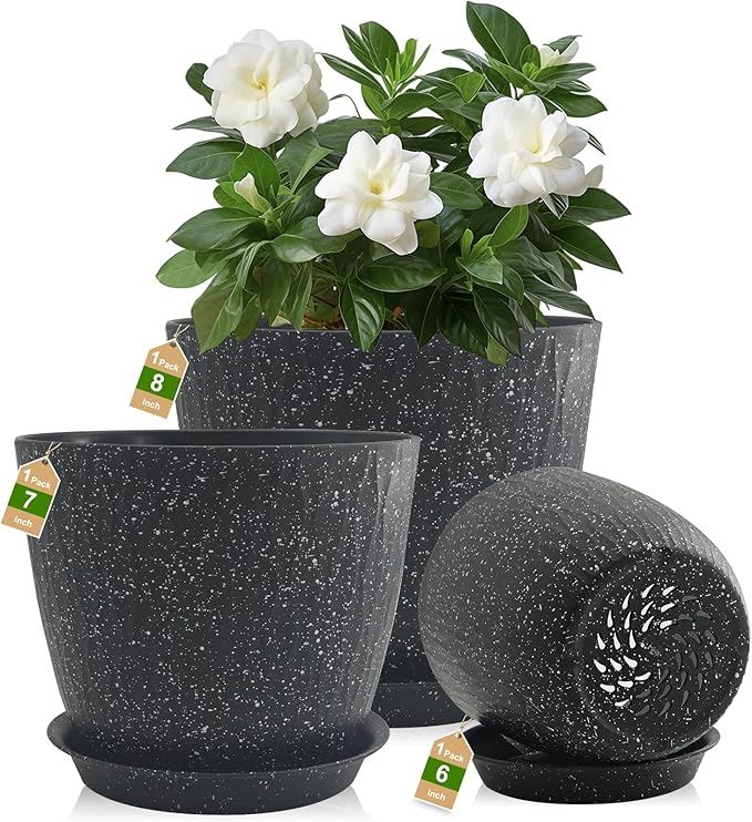 8/7/6 inch Plant Pots, 3 Pack Flower Pots for Outdoor Indoor Garden Plants, Large Planters with Multi Mesh Drainage Holes and Saucer (Speckled Black, 8"+7"+6")