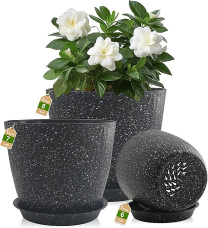 8/7/6 inch Plant Pots, 3 Pack Flower Pots for Outdoor Indoor Garden Plants, Large Planters with Multi Mesh Drainage Holes and Saucer (Speckled Black, 8"+7"+6")