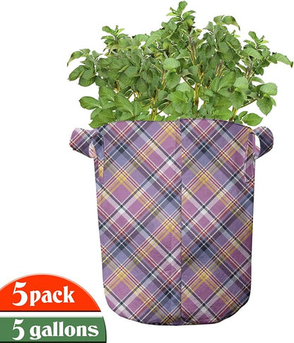 Ambesonne Floral Grow Bags 5-Pack, Roses Orchids and Carnations, Heavyduty Fabric Pots with Handles for Plants, Blue Pink
