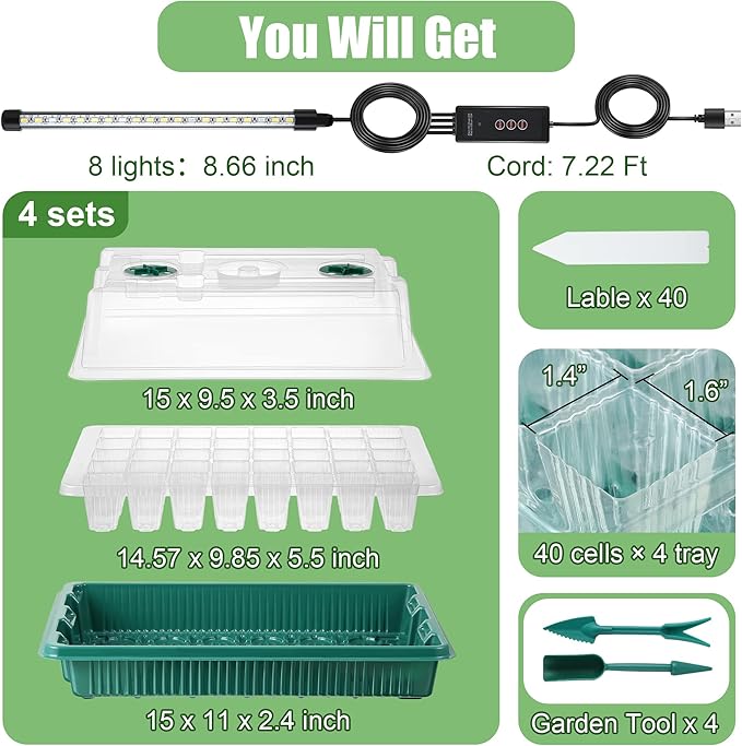 Saillong 4 Pack Seed Starter Tray with Grow Light, 80 Cell Indoor Greenhouse Seed Starting Set with Humidity Dome, 360° Full Spectrum LED, Smart Timer, 5 Brightness Levels for Germination