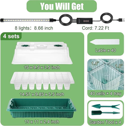 Saillong 4 Pack Seed Starter Tray with Grow Light, 80 Cell Indoor Greenhouse Seed Starting Set with Humidity Dome, 360° Full Spectrum LED, Smart Timer, 5 Brightness Levels for Germination