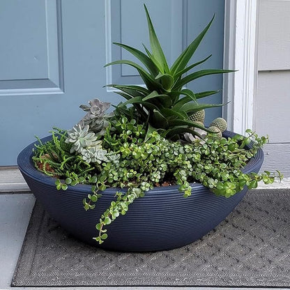 Crescent Garden Delano Bowl Planter, Indoor Outdoor Round Shallow Plant Pot for Water Garden, Bonsai Plant Pots, Succulents with Drain Hole - Double Walled Bowl Lotus Pot, 20" W (Slate)