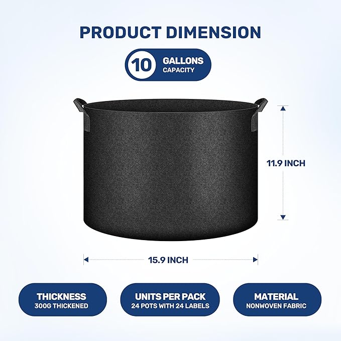 YSSOA Grow Bags 24 Pack 10 Gallon 300G Reusable Breathable Gardening Pots with Handles Non-Woven Fabric Plant Bags, Heavy Duty Planting Bags for Grow Tent Hydroponic & Outdoor Vegetables Tomatoes