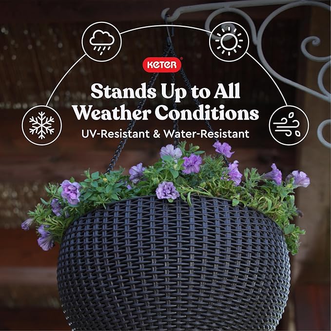 Keter Resin Rattan Set of 2 Round Hanging Planter Baskets for Indoor and Outdoor Plants-Perfect for Porches and Patio Decor, Graphite