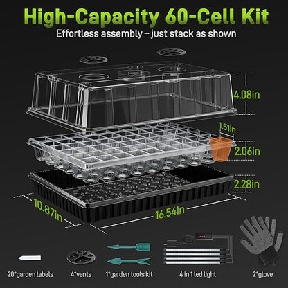 120-Cell Seed Starter Tray with Grow Light, Seedling Starter Trays with 4.08" Humidity Dome, Self-Watering Plant Germination Trays,Seed Starter Kit for Seeds Growing (Black)