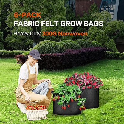 iPower Plant Grow Bag 5 Gallon 6-Pack Heavy Duty Fabric Pots, 300g Thick Nonwoven Fabric Containers Aeration with Nylon Handles, for Planting Vegetables, Fruits, Flowers, Black 2024 Version