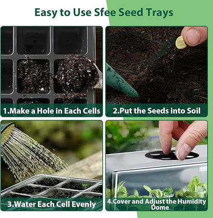 Sfee 10 Pack Seed Starter Tray Kit, 120 Cells Seedling Starter Trays with Humidity Dome and Base Greenhouse Growing Trays, Reusable Seedling Tray with Garden Tools Labels (Black)
