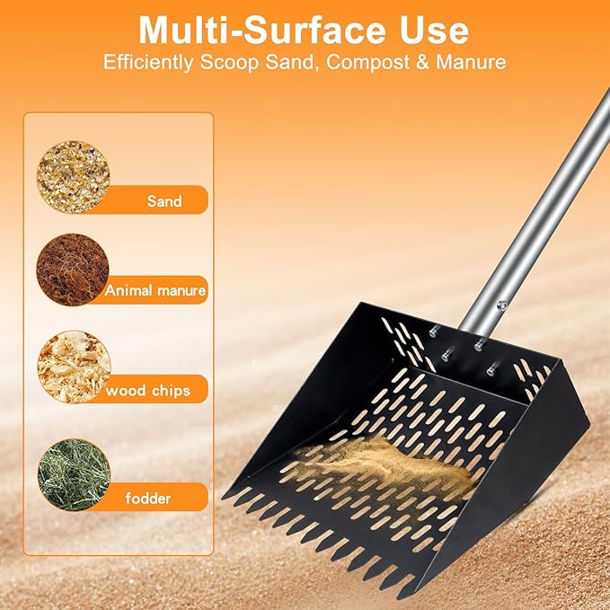 Chicken Poop Scooper and Rake – 2-in-1 Heavy Duty Metal Litter Sifter with Serrated Head & Long Mesh, Adjustable Handle for Effortless Coop Cleaning in Sand, Ideal for Chicken and Duck
