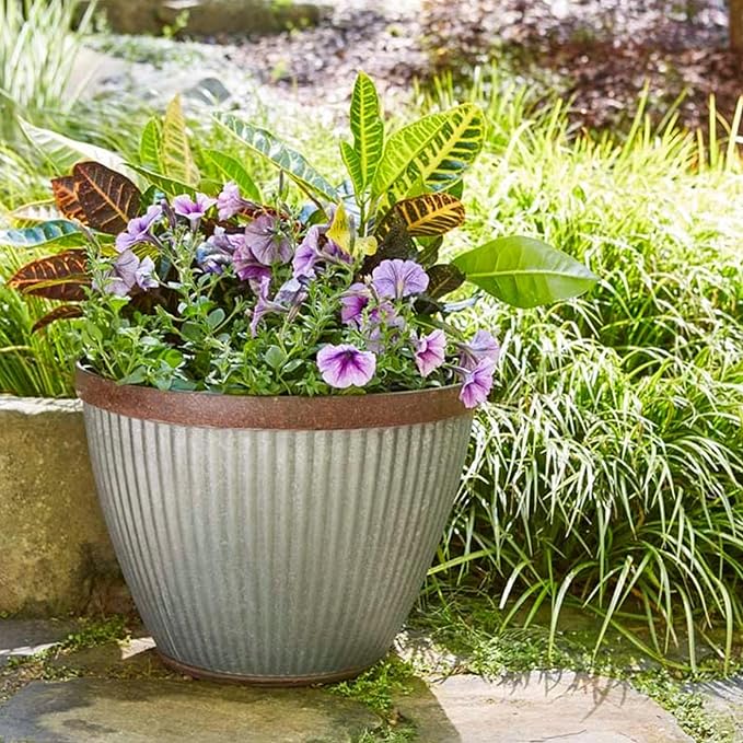 Southern Patio 15" Westlake Indoor/Outdoor Pleated Planter with Drainage Hole, Plug & Galvanized Finish, 19.56 qt. Capacity
