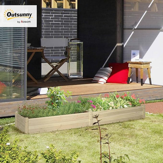 Outsunny 8x2ft Wooden Raised Garden Bed Kit, Outdoor Elevated Planter Box, Self Draining Bottom and Liner, Patio to Grow Vegetables, Herbs, and Flowers, Natural