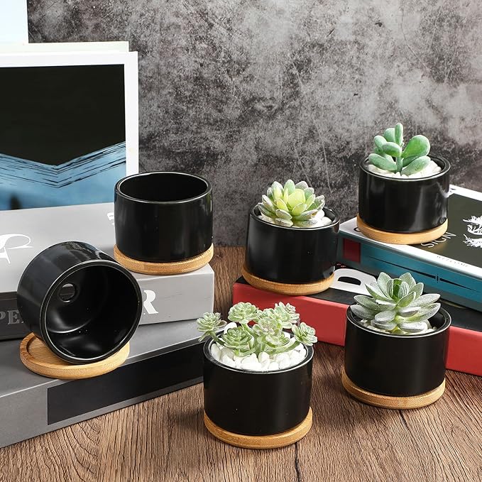 Cindeer 12 Sets Succulent Plant Pot Ceramic Succulent Pots Container Cactus Pots with Bamboo Tray Small Cylinder Flower Plant Pot with Bamboo Saucers for Plants Indoor Outdoor (Black,3 x 2.17 Inch)