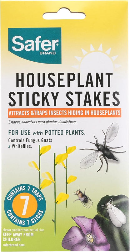 Safer Brand 5026 Houseplant Sticky Stake Insect Traps for Indoor Plants - Controls Fungus Gnats, Whiteflies, Midges, Thrips, Fruit Flies, and Black Flies - 1 Pack, 7 Traps