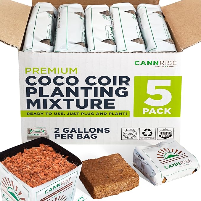 Coco Coir Grow Bags, 5-Pack, 2 Gallons Per Bag - Open-Top, Pre-Filled Compressed Coir Substrate - Plug-and-Plant Eco Bags for Vegetables, Herbs & Flowers - Root-Friendly Aeration Peat-Free Mix