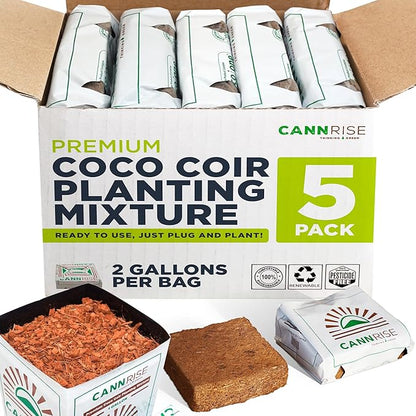 Coco Coir Grow Bags, 5-Pack, 2 Gallons Per Bag - Open-Top, Pre-Filled Compressed Coir Substrate - Plug-and-Plant Eco Bags for Vegetables, Herbs & Flowers - Root-Friendly Aeration Peat-Free Mix