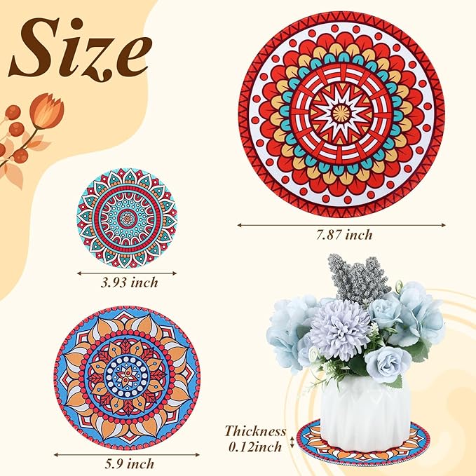 Nuanchu 6 Pcs Boho Plant Pot Coasters 3 Sizes 3.94" 5.9" 7.87", Rubber Absorbent Non-Slip Pot Plant Round Mat Gardening Indoor Outdoor Flower Protect Mat for Table Desk Floor, Colorful