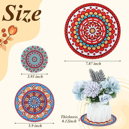 Nuanchu 6 Pcs Boho Plant Pot Coasters 3 Sizes 3.94" 5.9" 7.87", Rubber Absorbent Non-Slip Pot Plant Round Mat Gardening Indoor Outdoor Flower Protect Mat for Table Desk Floor, Colorful