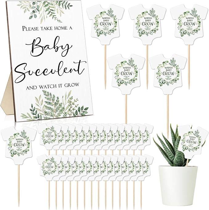 Newcotte Baby Shower Party Favors Succulent Tags Include 1 Piece Wooden Table Sign 50 Sets Succulent Plant Marker Succulent Favors Baby Shower Decoration(Greenery)
