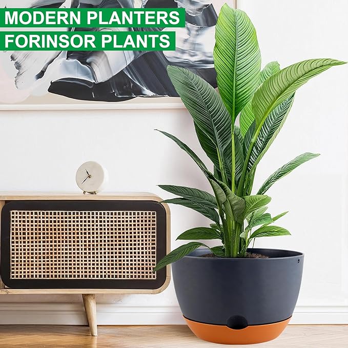 3 Pack Self Watering Planters for Plants Indoor,10 Inch Plant Pot Outdoor Plastic Flower Pot with Drainage and Saucers(Grey)