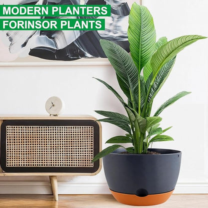 12/10/8/8 Inch Pots for Plants, 4 Pack Large Self Watering Pots for Indoor Plants with Drainage and Saucers, Plastic Outdoor Flower Pot(Grey)