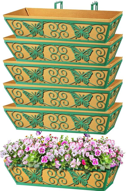 6 Pack 24 Inch Window Boxes Planters Railing Planter Box with Adjustable Brackets for Porch Fence Patio Balcony Hanging Flower Baskets with Woven Fabric for Outdoor Garden Decor - Green