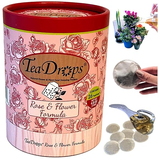 TeaDrops Bio Organic Rose Fertilizer – Makes Easy Liquid Flower Food (16 Count) Make up to 32 Gallons - Use in Watering Can - Premium Formula - Custom Made in USA