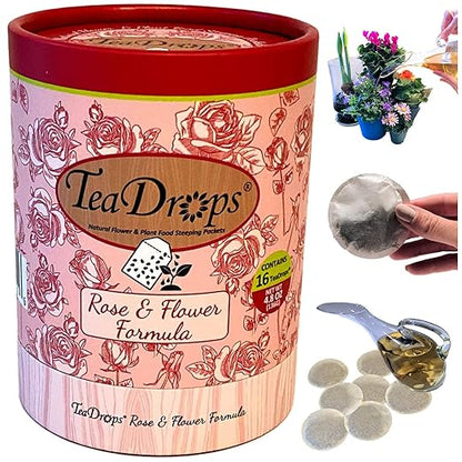 TeaDrops Bio Organic Rose Fertilizer – Makes Easy Liquid Flower Food (16 Count) Make up to 32 Gallons - Use in Watering Can - Premium Formula - Custom Made in USA
