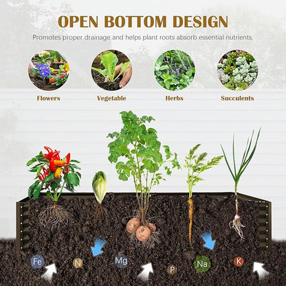 Domi 6x3x2ft Metal Raised Garden Beds Outdoor, Thickened Galvanized Steel Deep Root Planter Box with Stabilizing Bars & Rubber Edging for Vegetables, Flowers, Herbs - Brown