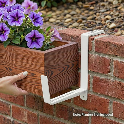 Window Box Brackets, Adjustable Planter Box Brackets, Heavy Duty Iron Flower Box Brackets for Railings, with Enhanced Bottom Support - Perfect for Balconies, Fences, and Gardens (White, 6 Pack)