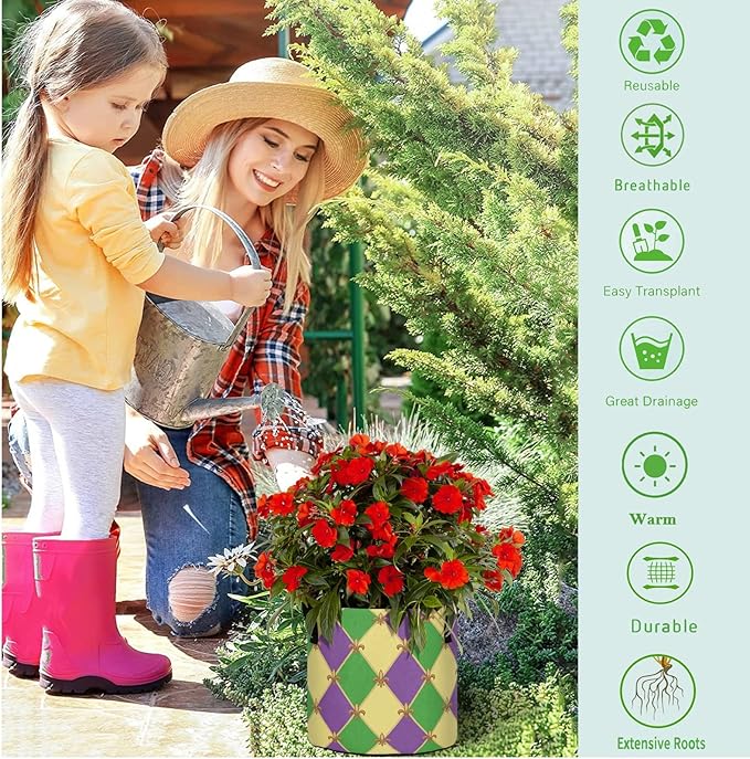 3 Gallon Mardi Gras Fleur De Lis Plaid Pattern Breathable Grow Bag Thickened Plant Pot Containers Bag with Handles for Garden Potato Tomato Flowers Fruits Vegetables