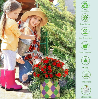 3 Gallon Mardi Gras Fleur De Lis Plaid Pattern Breathable Grow Bag Thickened Plant Pot Containers Bag with Handles for Garden Potato Tomato Flowers Fruits Vegetables