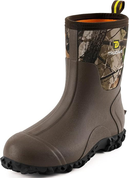 Trudave Rubber Boots for Men, 6mm Neoprene Insulated Mud Boots with Steel Shank, Men's Mid Calf Waterproof Rain Boots,Anti-Slip Rubber Work Boots for Farming Gardening Fishing,Size 7-13