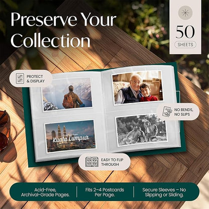 Postcard Album Book for Collecting, Sleeves Included, Post Card Album Holder Book and Organizer Binder, Post Card Collection Display Storage, Memory Collectors, Travel Photo Album 4x6