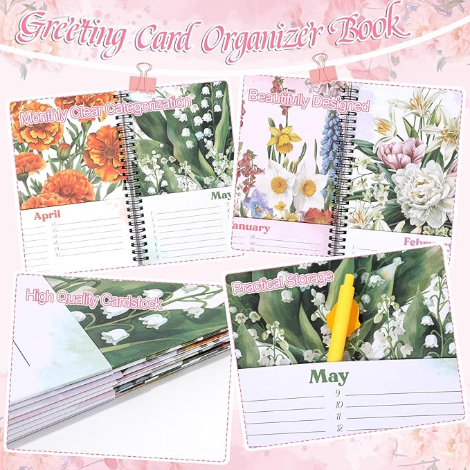chiazllta Greeting Card Organizer Book with Pockets and File Keeper Dividers Floral Month by Month Card Keeper Book Greeting Card Books for Birthdays Weddings Graduation Parties Holiday Reminders