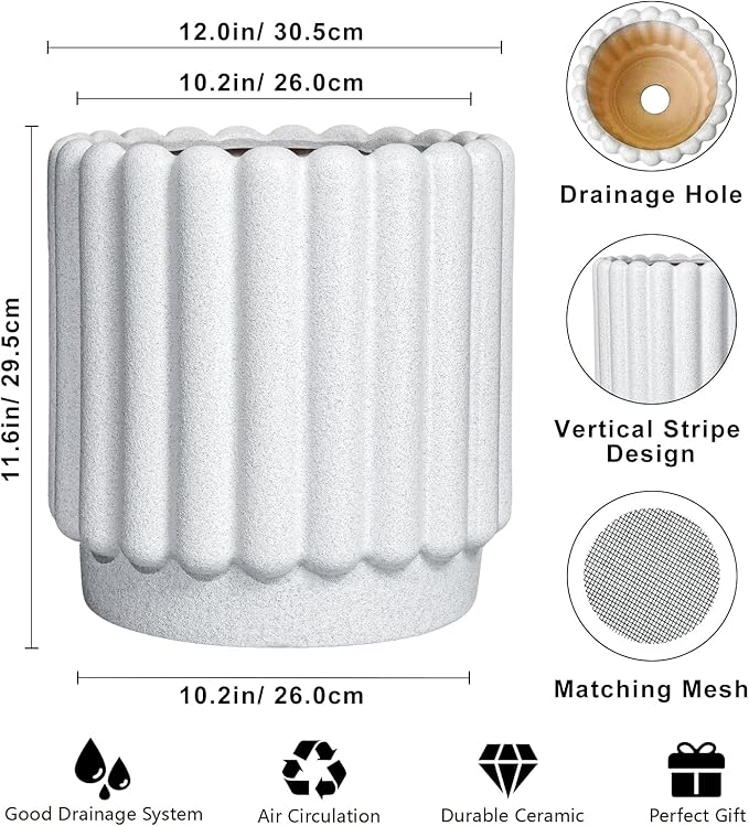 Ceramic Flower Pots - 12 Inch Plant Pot Indoor Outdoor, Fluted Large Ceramic Planters with Drainage Hole, Modern Round Planters, Apartment Decor, Plant Lover Gifts, White